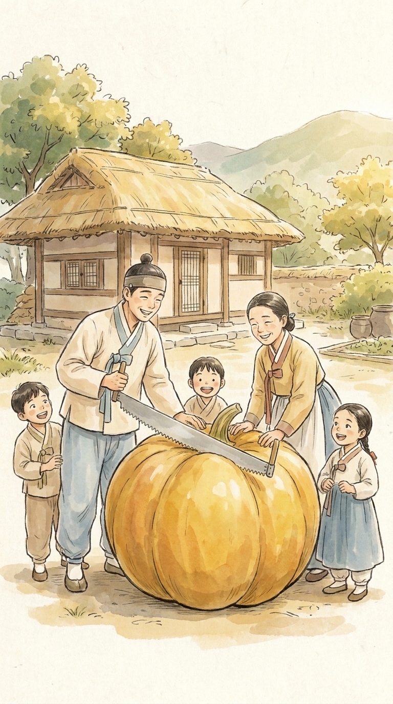 흥부와 가족들이 초가집 앞에서 큰 박을 톱으로 자르고 있는 장면